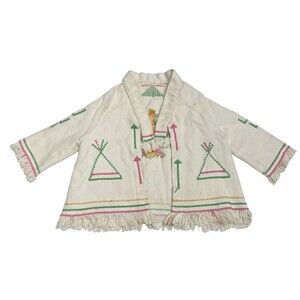 Vintage Tribal Kids Open Front Jacket Yarn Embroidered Thunderbird Tippi Cactus